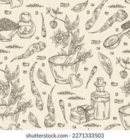 Seamless pattern with codonopsis lanceolata: plant, flowers and codonopsis lanceolata roots. Oil, soap and bath salt . Cosmetics and medical plant. Vector hand drawn illustration