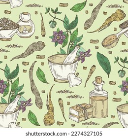 Seamless pattern with codonopsis lanceolata: plant, flowers and codonopsis lanceolata roots. Oil, soap and bath salt . Cosmetics and medical plant. Vector hand drawn illustration