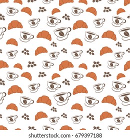 Seamless pattern of coffe in beans, a cup and a roll. Vector illustration
