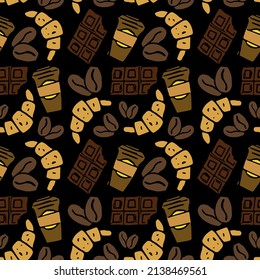 Seamless pattern with coffe, croissant and chocolate icons. vector food icons