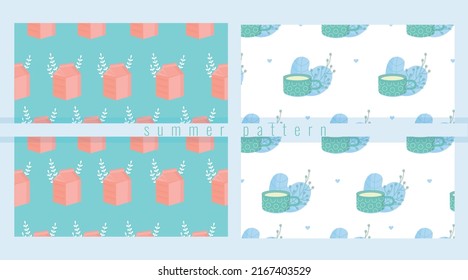 Seamless pattern with coffe cup and plants. Pink milk and flowers pattern.