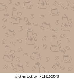 seamless pattern with coffe cups, beans and coffeepots