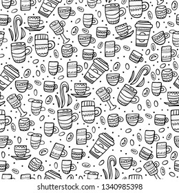 Seamless pattern with coffe. Endless background of cups with hot beverage in doodle style. Vector illustration.