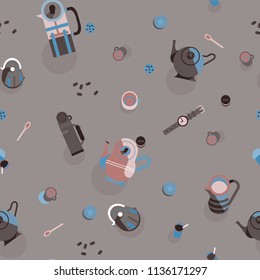 Seamless pattern with coffe seeds, spoon, cookies,  thermos, watch, teapot