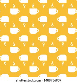 Seamless pattern coffe or tea cup white icon on yellow background. Abstract cafe texture for print, paper, design, fabric, decor, wrap, backgrounds, menu, ads. Vector illustration
