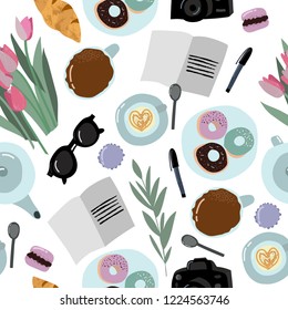 Seamless pattern with coffe, tea, cups, pots, flowers, notebook, planner, donuts, macarons, tulips, flowers, camera