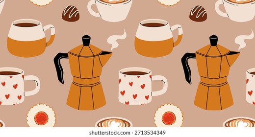 Patrón sin fisuras de accesorios de café y métodos de elaboración de cerveza. Máquina de café, granos de embalaje, amoladora, taza, cezve, Ilustraciones vectoriales de géiser.