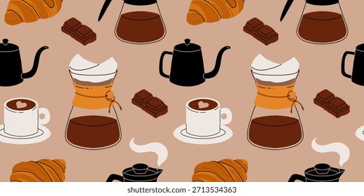 Nahtloses Muster von Kaffeezubehör und Brauverfahren. Kaffeemaschine, Bohnen Verpackung, Schleifer, Tasse, Cezve, Geysir Vektorgrafiken.