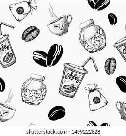 Seamless pattern with coffee attributes in graphic style. Handmade vector illustration with a jar and a bag for coffee, a cup and grains. Design of packaging, wrappers, menu, wallpaper, background