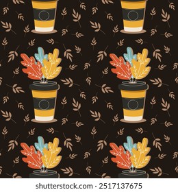 Nahtloses Muster mit Kaffee und Herbstblättern, für dekorativen Druck Wrapping Papier Grußkarten Tapete und Stoff