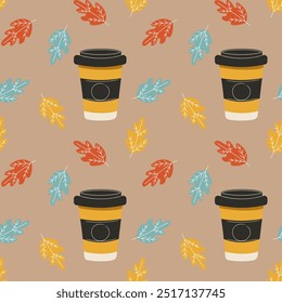 Modelo inconsútil con el café y las hojas del otoño, para el Fondo de pantalla y la tela decorativos de las tarjetas de felicitación de papel de envoltura