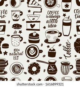 Seamless pattern of coffee. Background for restaurant or cafe menu, shop wrapping paper. Vector hand-drawn illustration.