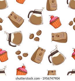 seamless pattern of coffee bag, coffee container and cupcake with doodle style