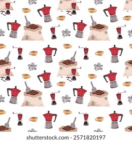 Seamless pattern with coffee bag, moka pot, coffee grinder. Repeating texture with coffee accessories and tools. Barista tools. Coffee time. Suitable for textile, wallpaper, paper, etc.