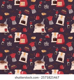 Seamless pattern with coffee bag, moka pot, teapot, coffee grinder. Repeating texture with coffee accessories and tools. Barista tools. Coffee time. Suitable for textile, wallpaper, paper, etc.