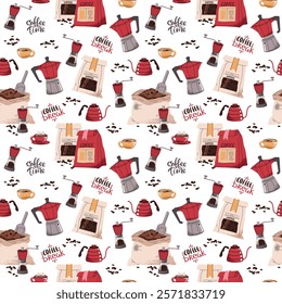 Seamless pattern with coffee bag, moka pot, teapot, coffee grinder. Repeating texture with coffee accessories and tools. Barista tools. Coffee time. Suitable for textile, wallpaper, paper, etc.