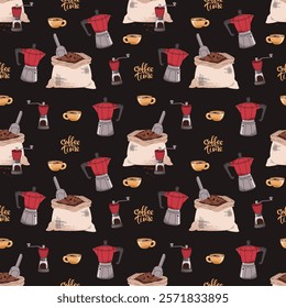 Seamless pattern with coffee bag, moka pot, coffee grinder. Repeating texture with coffee accessories and tools. Barista tools. Coffee time. Suitable for textile, wallpaper, paper, etc.