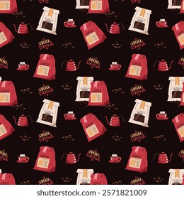 Seamless pattern with coffee bag, coffee pot. Repeating texture with coffee accessories and tools. Barista tools. Coffee break. Suitable for textiles, wallpaper, paper, etc.