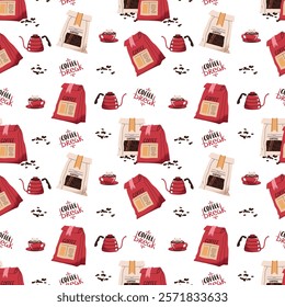 Seamless pattern with coffee bag, coffee pot. Repeating texture with coffee accessories and tools. Barista tools. Coffee break. Suitable for textiles, wallpaper, paper, etc.