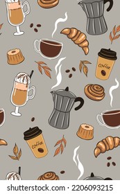 Seamless pattern with coffee and baked goods. Vector graphics.