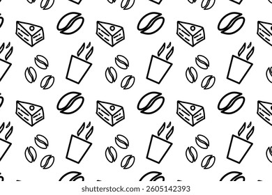 Seamless pattern coffee bean and cakes with cup of coffee. Tea and cakes wallpaper background.