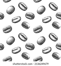Seamless Pattern of Coffee Bean Hand drawn Vintage Engraving Style, suitable for paper cups, packaging and labels of coffee-based food or beverages. In addition, it is also suitable for wallpaper