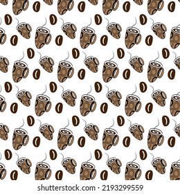 Seamless Pattern with Coffee Beans and Abstract Stylized cup on a transparent background. Line Art