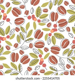 Seamless pattern with coffee beans and branches. Coffee cherries, leaves and beans on a white background. Hand drawn flat style. Vector illustration.