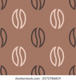 Seamless pattern with coffee beans in brown and beige colors. Minimalist background with outlined coffee beans in trendy colors of the year 2025. Hand draw effect