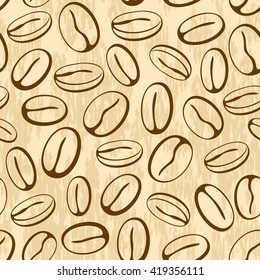 Seamless Pattern, Coffee Beans, Brown Contours Pictogram on Abstract Background. Vector