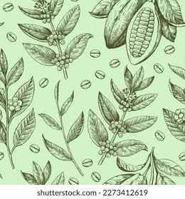 Seamless pattern with coffee beans, cacao pods and tea branches. Black and white hand drawn illustration in retro engraving style.