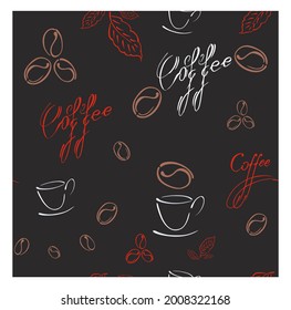 Seamless pattern with coffee beans, calligraphic lettering. Vector illustration. Dark background with added red, brown and white elements