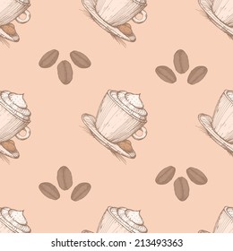 Seamless pattern with coffee beans and cappuccino. EPS 10. No transparency. No gradients.