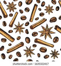 Seamless pattern with coffee beans, cinnamon and star anise. Endless background with hand-drawn ingredients. Sketches, the engraving style. For menu design, paper packaging, glasses, advertising