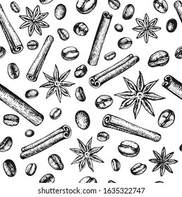 Seamless pattern with coffee beans, cinnamon and star anise. Endless background with hand-drawn ingredients. Sketches, the engraving style. For menu design, paper packaging, glasses, advertising