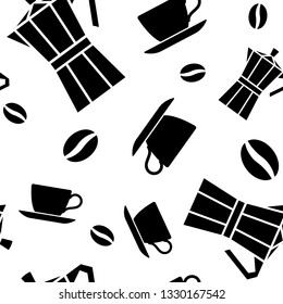 Seamless pattern. Coffee beans, Cup, coffeemaker. Endless texture for cafe menu, wrapping paper and other things