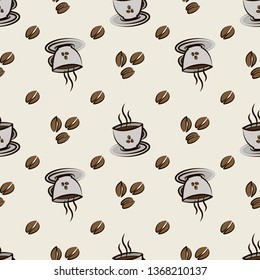 Seamless pattern with coffee beans and cups. Vector illustration.