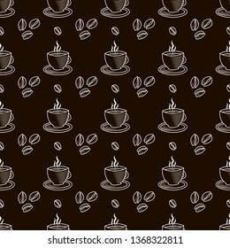 Seamless pattern with coffee beans and cups. Outline Vector illustration.