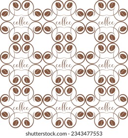 Seamless pattern of coffee beans, decorated with swirls, with text for print and design