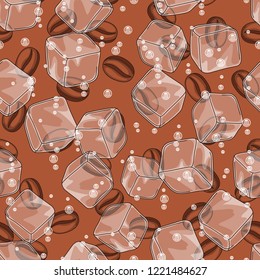 Seamless pattern with coffee beans. Delicious flavored cold drink. Ice cubes and soda bubbles.