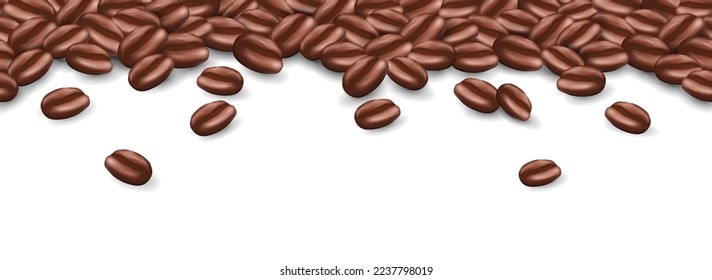 Seamless pattern of coffee beans. The grains are placed on top, the place for the text is on the bottom of the image. Vector graphics. Spilled coffee beans on a white background