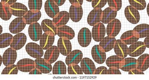 Seamless pattern of the coffee beans and grey grid
