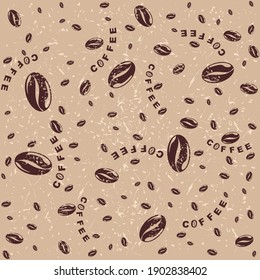 Seamless pattern of coffee beans with grunge background. For wrapping paper, design. Grunge style. Vector illustration.
