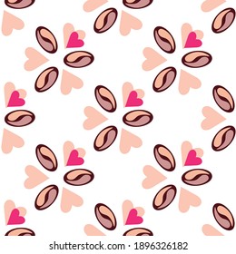 seamless pattern coffee beans and hearts vector
