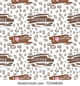 Seamless pattern with coffee beans and the inscription "I love coffee." Vector image on white background.