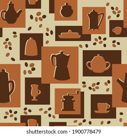 Seamless pattern with coffee beans and kitchen utensils for making coffee in brown rectangles. Vector illustration in flat style.