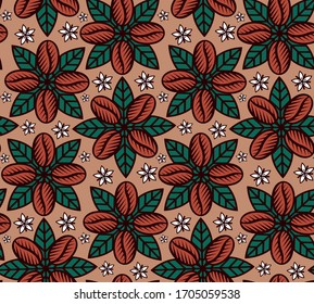 Seamless pattern with coffee beans, coffee leaves and coffee blossoms