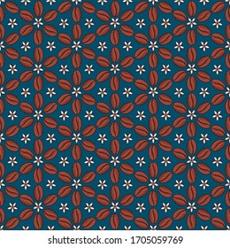 Seamless pattern with coffee beans, coffee leaves and coffee blossoms
