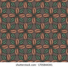 Seamless pattern with coffee beans, coffee leaves and coffee blossoms