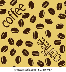 Seamless pattern with coffee beans and lettering vector illustration isolated on a yellow background for websites, textile, cafe, wrapping, pack